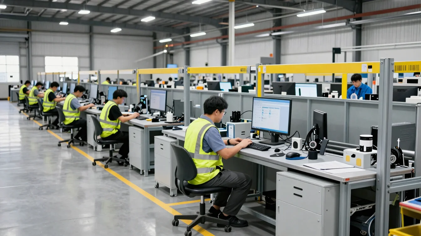Industrial warehouse interior with organized logistics equipment and technicians performing verification tasks, bright l