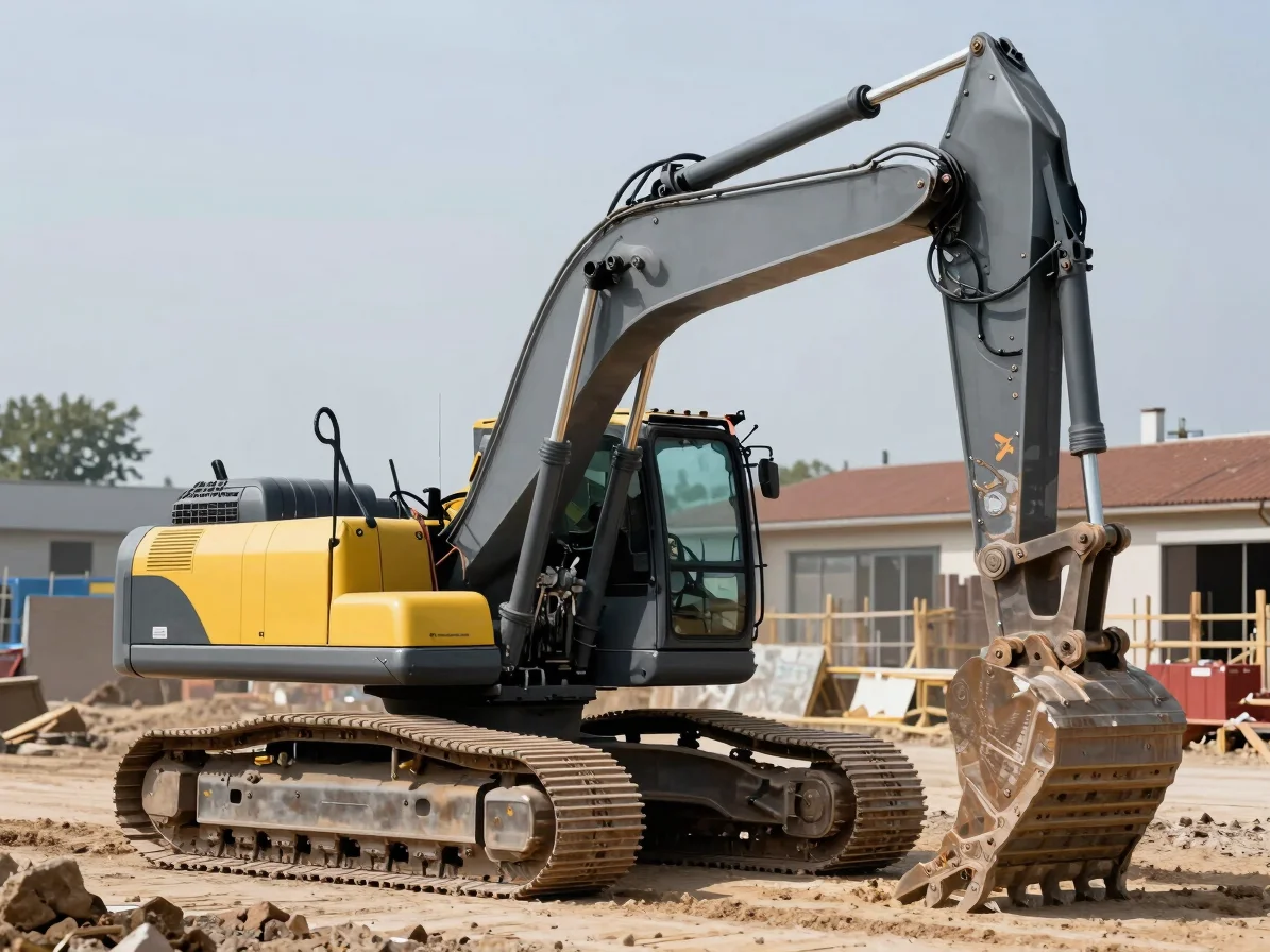Heavy industrial excavator operating on a European construction site, bright daylight, crisp engineering details, safety