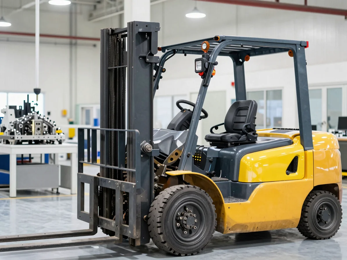 Industrial forklift operating inside a clean manufacturing plant, precise mechanical components, bright workshop lightin