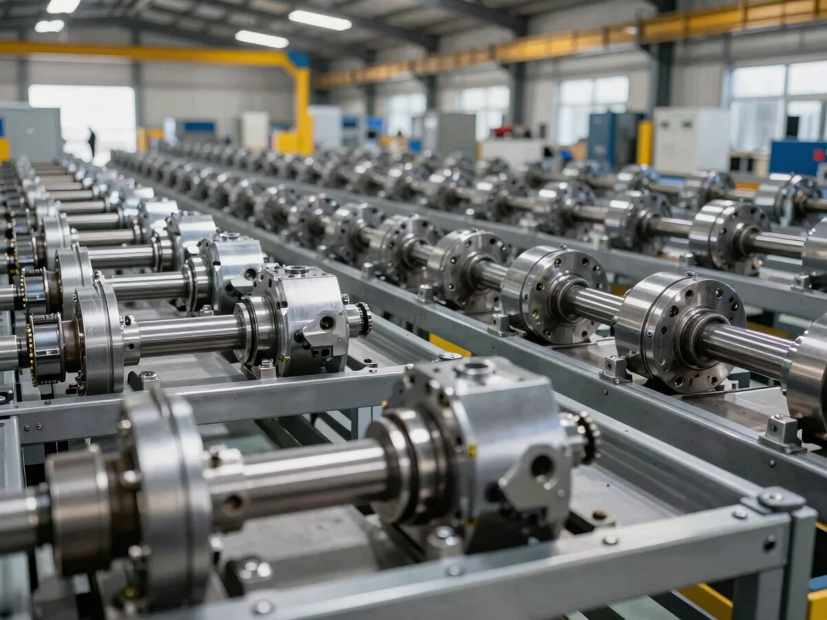 Burnished steel industrial machinery parts arranged systematically inside a modern logistics warehouse, professional tec