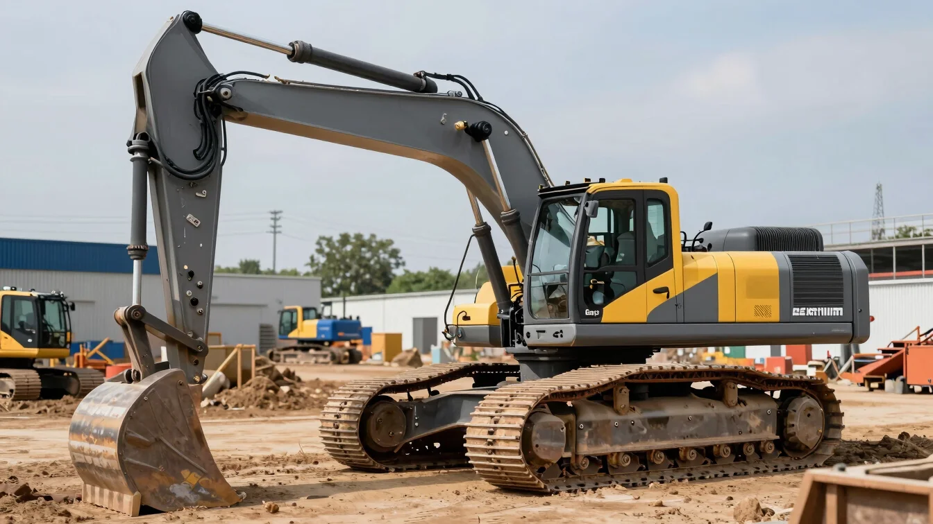 Crisp industrial photography of heavy construction machinery on a regulated European job site under natural daylight, me