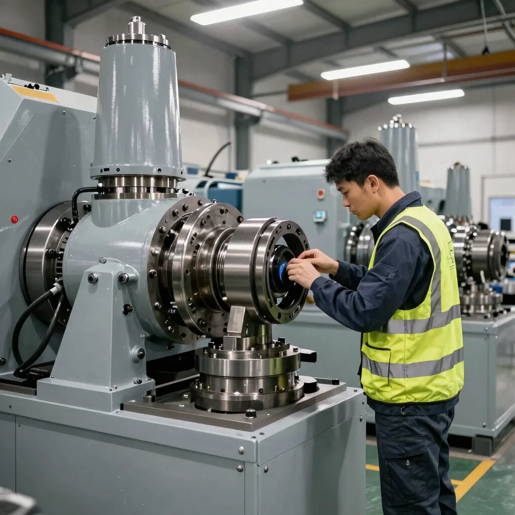 Technician inspecting heavy mechanical components of industrial machinery in a well-lit European workshop