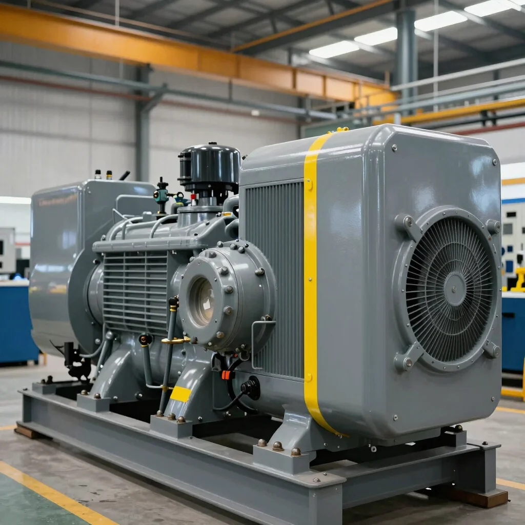Industrial generator unit deployed at a manufacturing facility, metallic grey tones with safety yellow accents