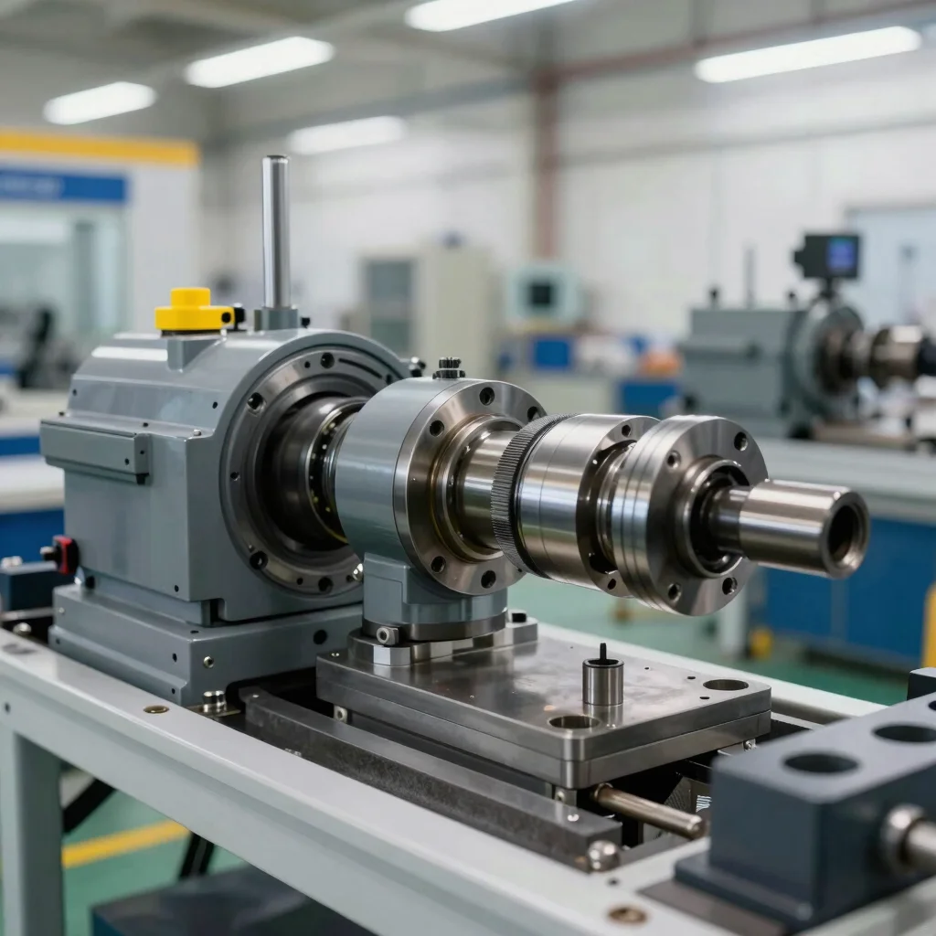 Precision mechanical parts of heavy equipment undergoing maintenance check under bright workshop lighting