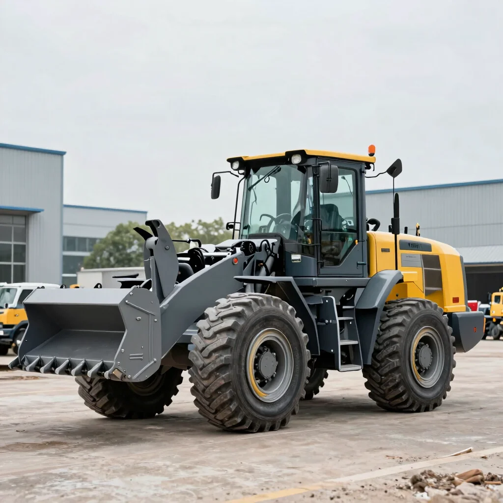Large industrial loader operating on site, structured commercial photography, natural daylight