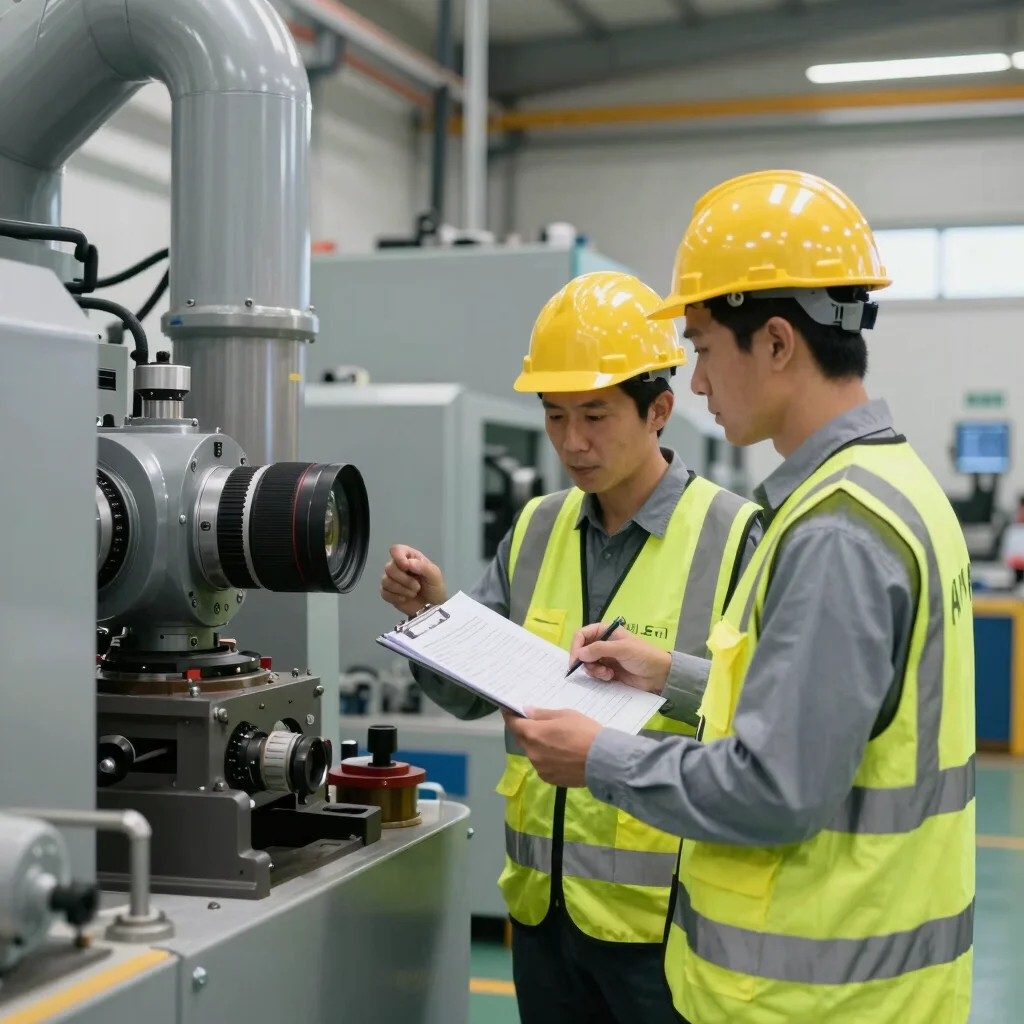 Engineers reviewing technical specifications next to heavy industrial machinery in a clean plant environment