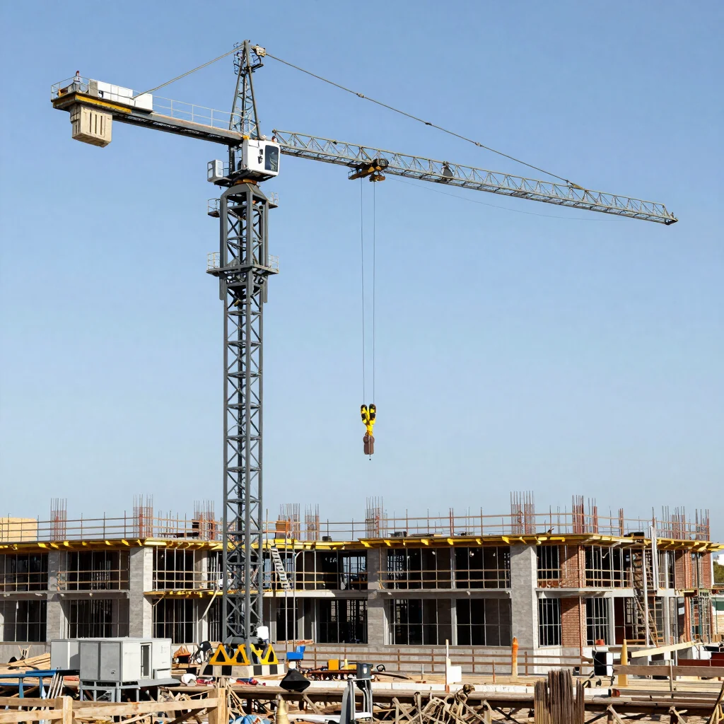 Heavy industrial crane operating on a large structured construction site in Spain, clear daylight, crisp commercial deta